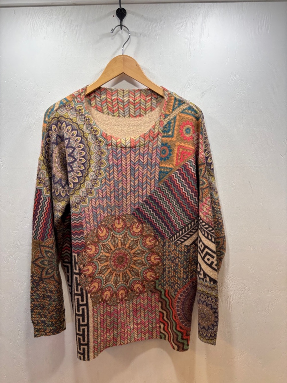 Art to Wear Vintage-Inspired Multicolor Patchwork Wool Blend Knit Sweater 2XL
